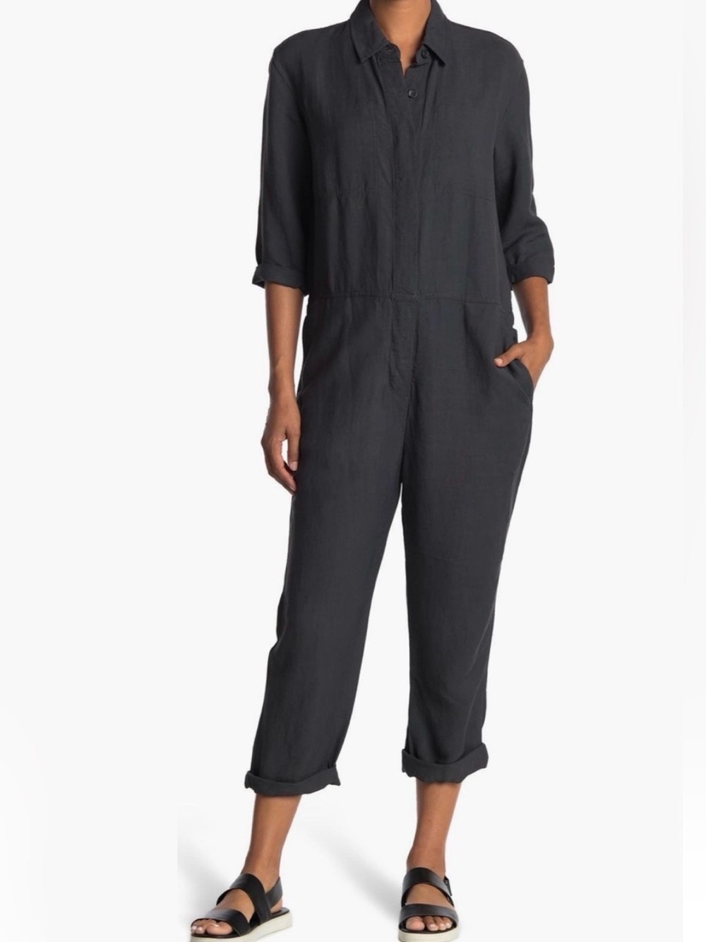 James Perse Los Angeles Size 0 XS Black Linen Blend Button Up Utility Jumpsuit